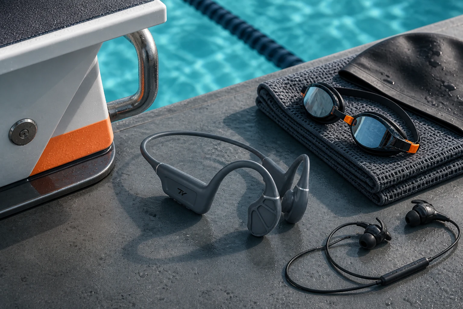 TY open-ear headphones placed beside swimming goggles and training gear