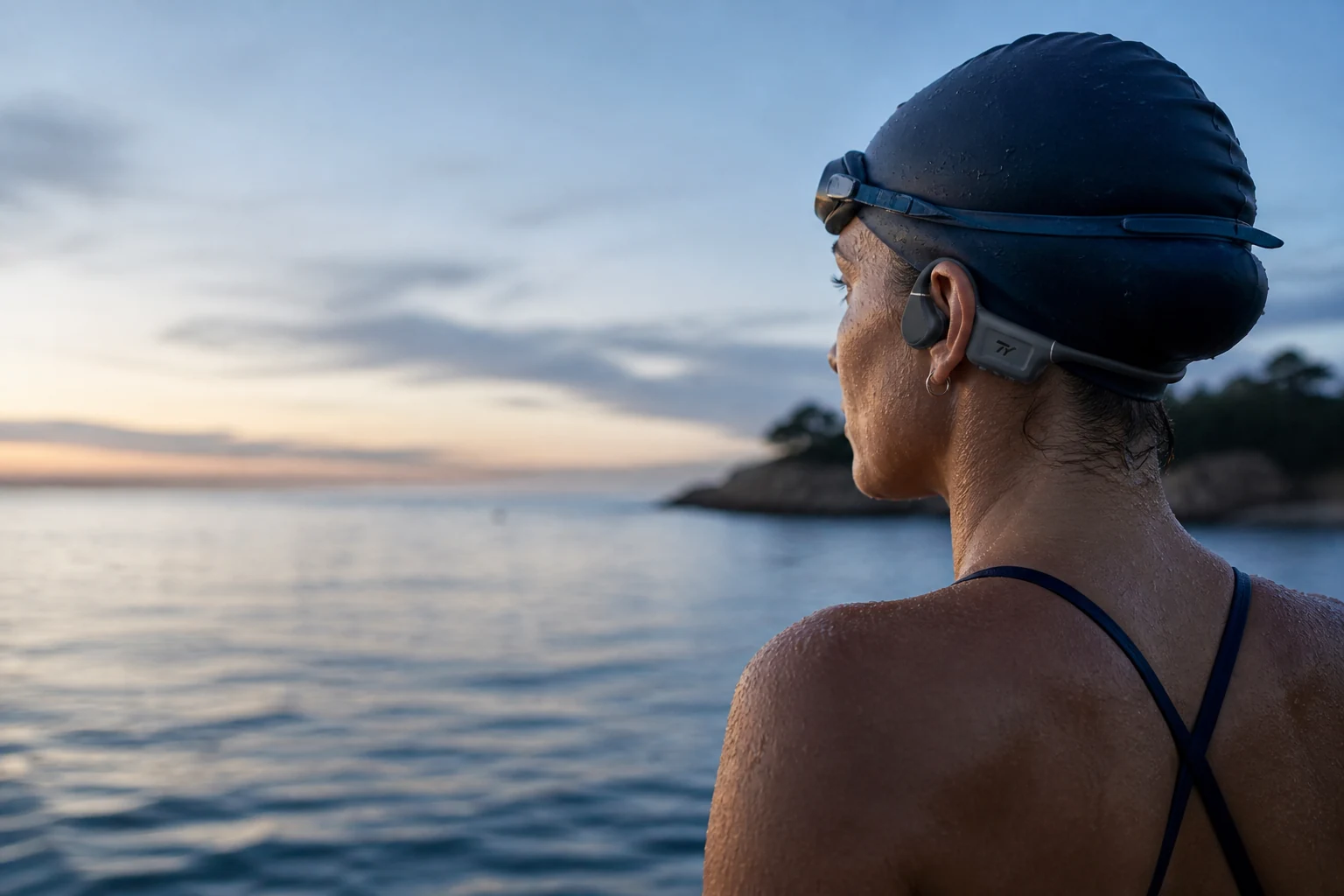 Open-water swimmer wearing TY bone-conduction headphones at dawn