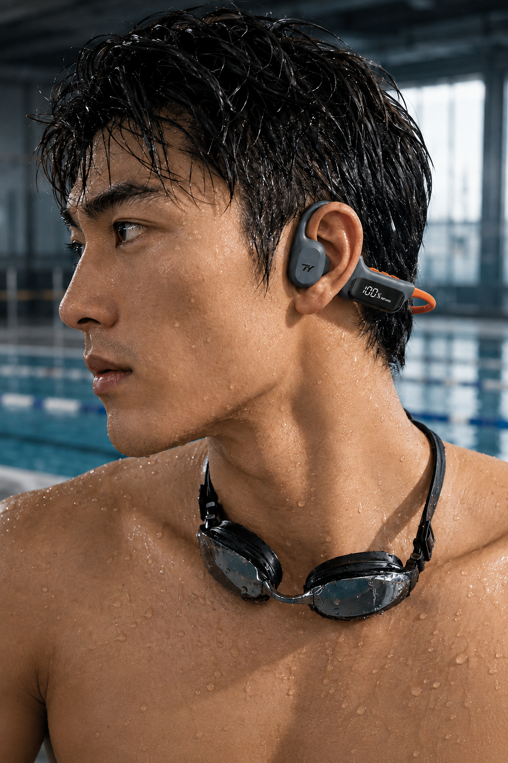 Male swimmer wearing a TY headset beside a pool