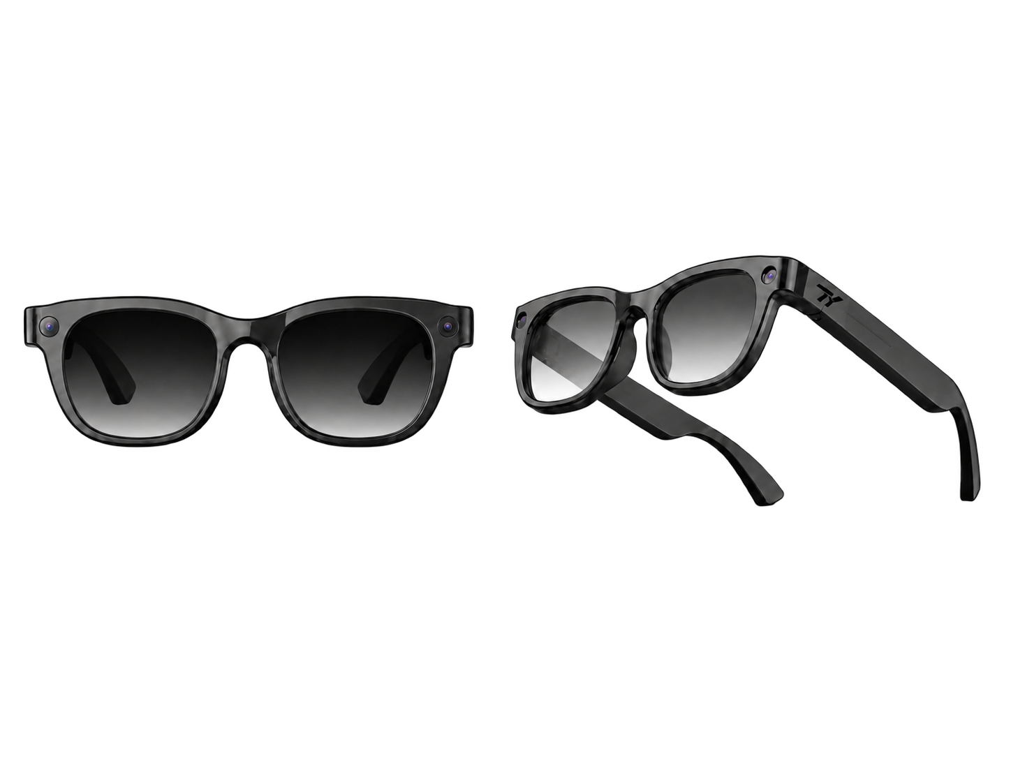 Black TY AI glasses shown from the front and side