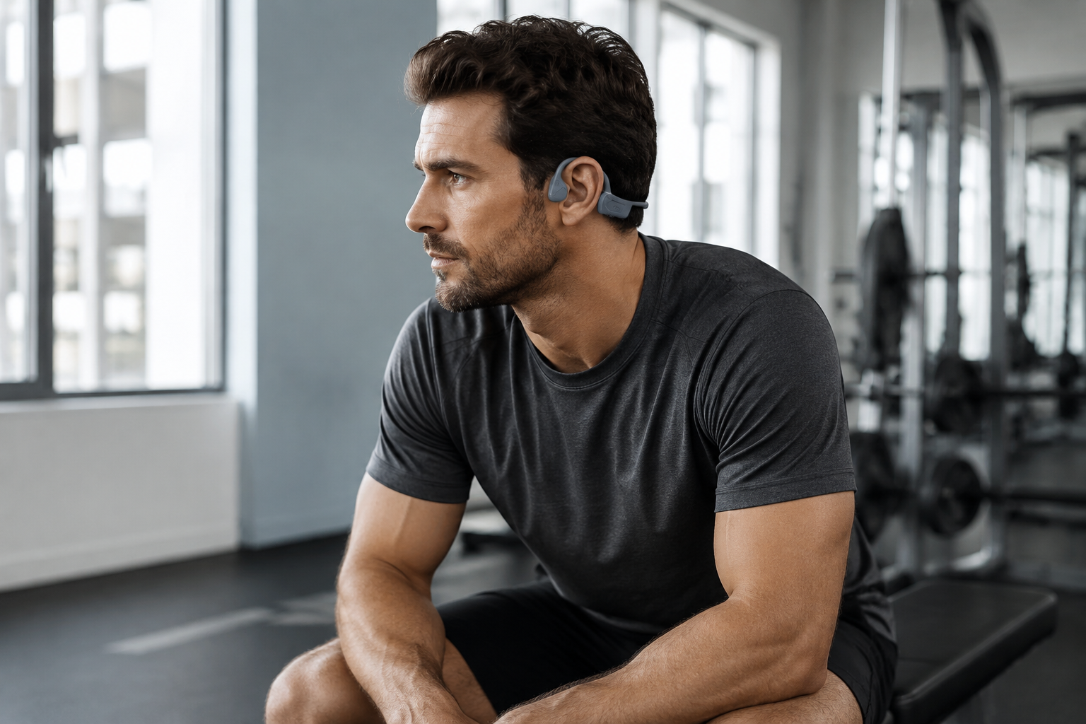 Athlete wearing a graphite open-ear headset during a gym recovery break