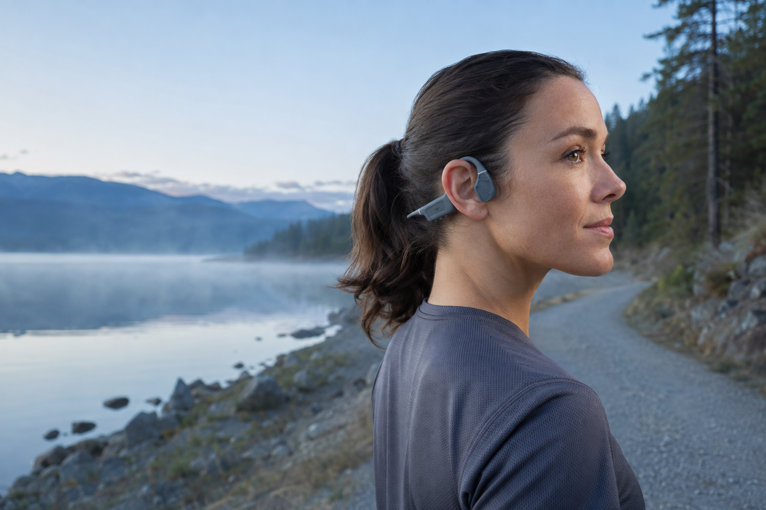 Runner wearing a graphite open-ear headset beside a lake